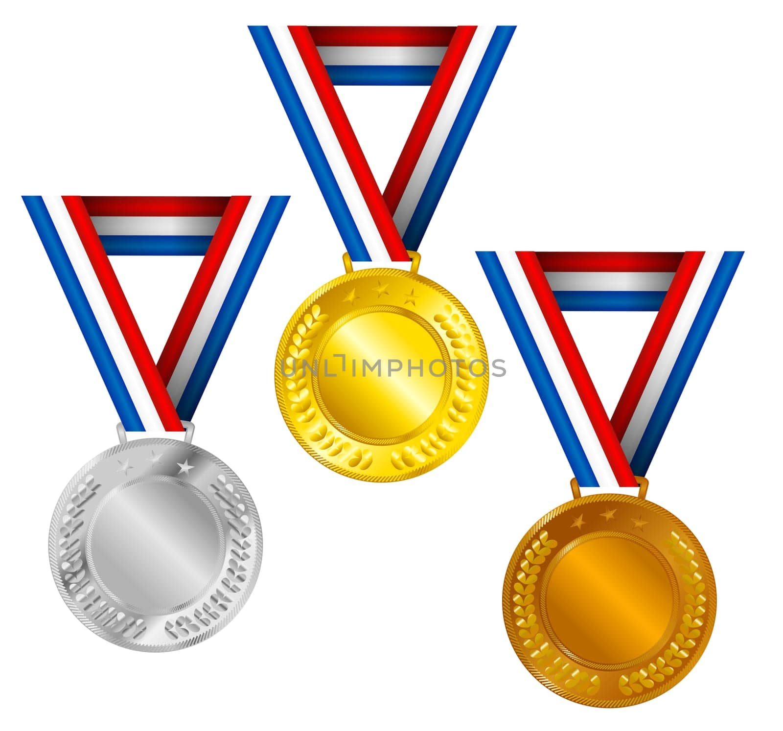 Set of Golden, Silver and Bronze Medals with Ribbons