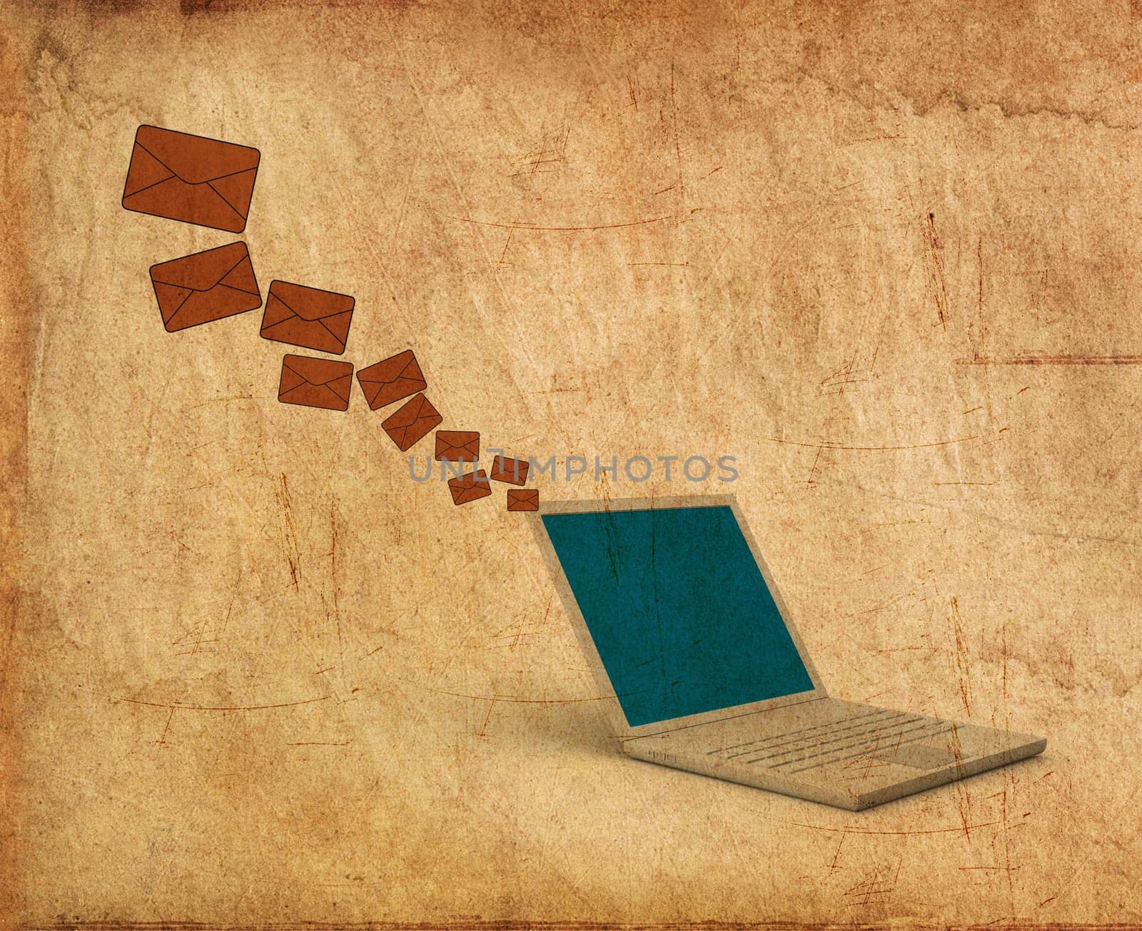 Vintage Print of Laptop sending email