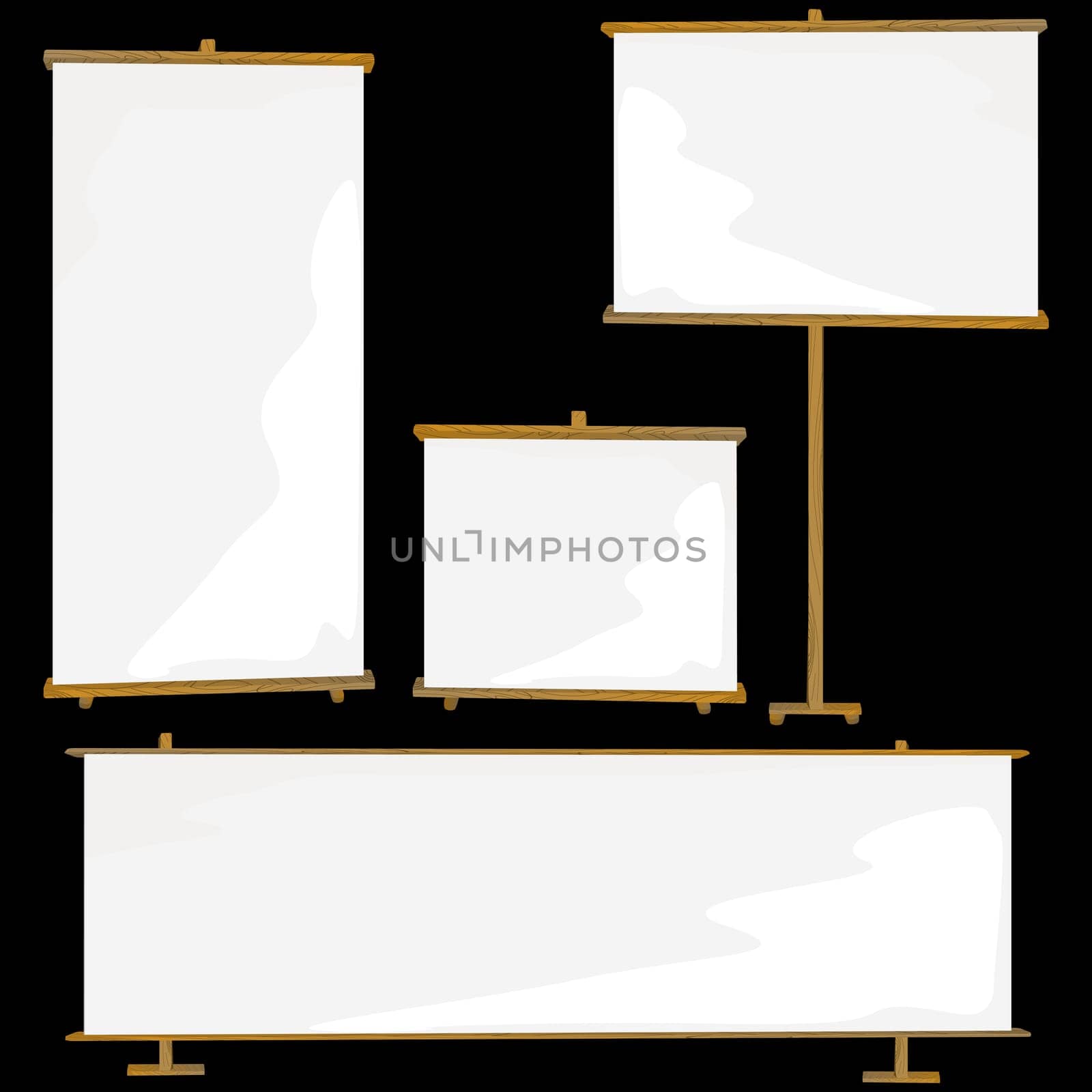 Blank roll up banners collection over black, display template for designers