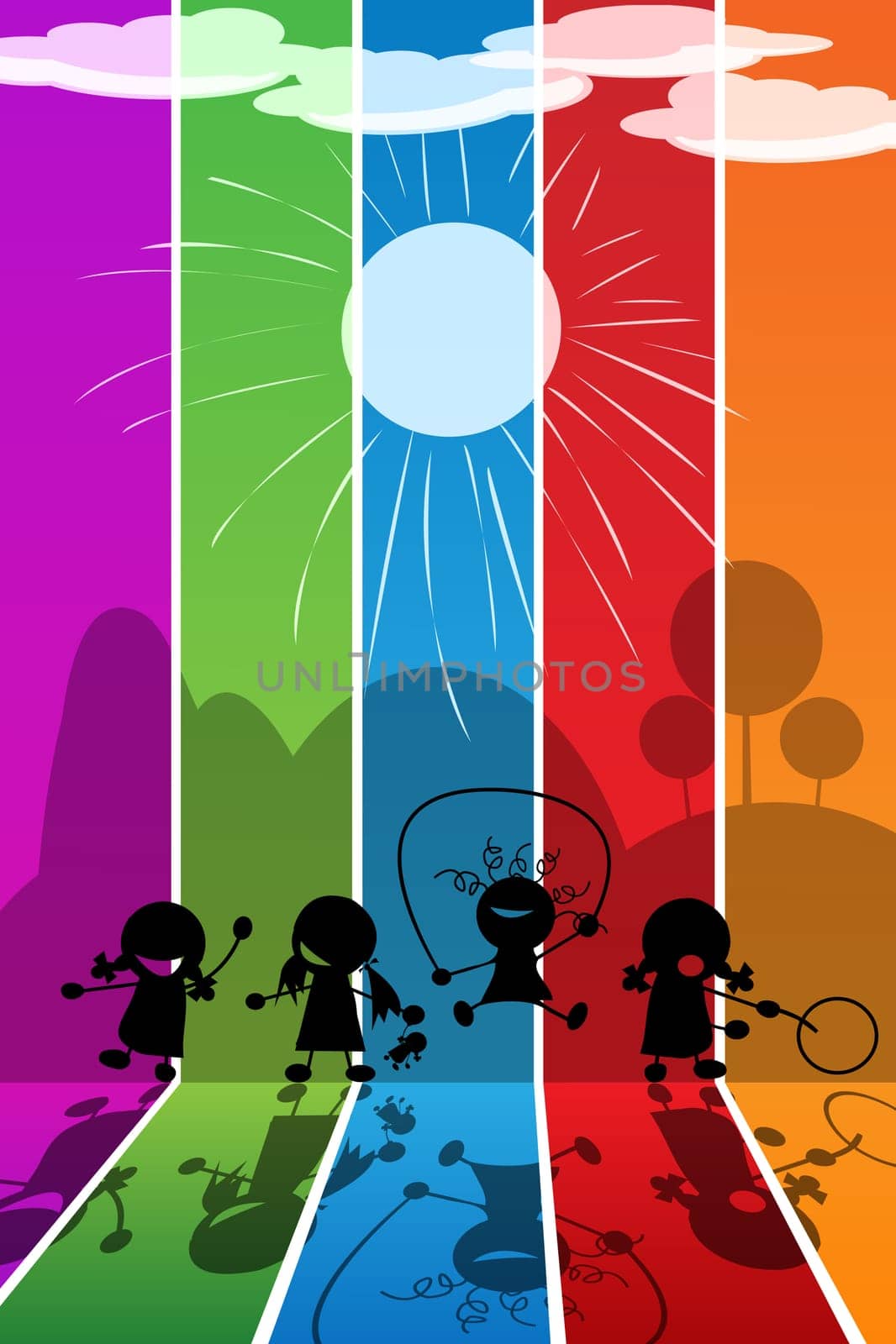 Girls playing silhouettes over a rainbow background
