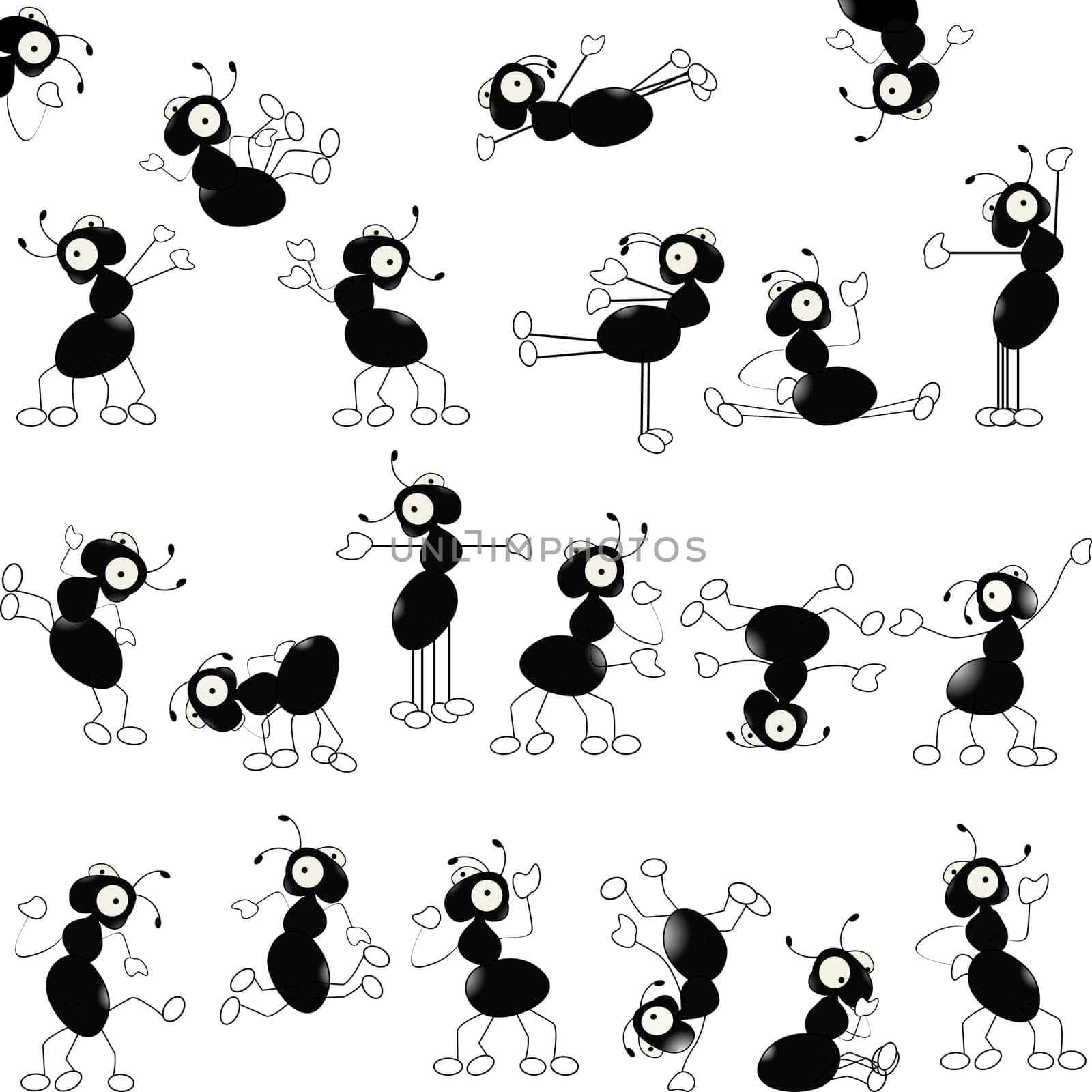 Dancing ants pattern, isolated objects over white