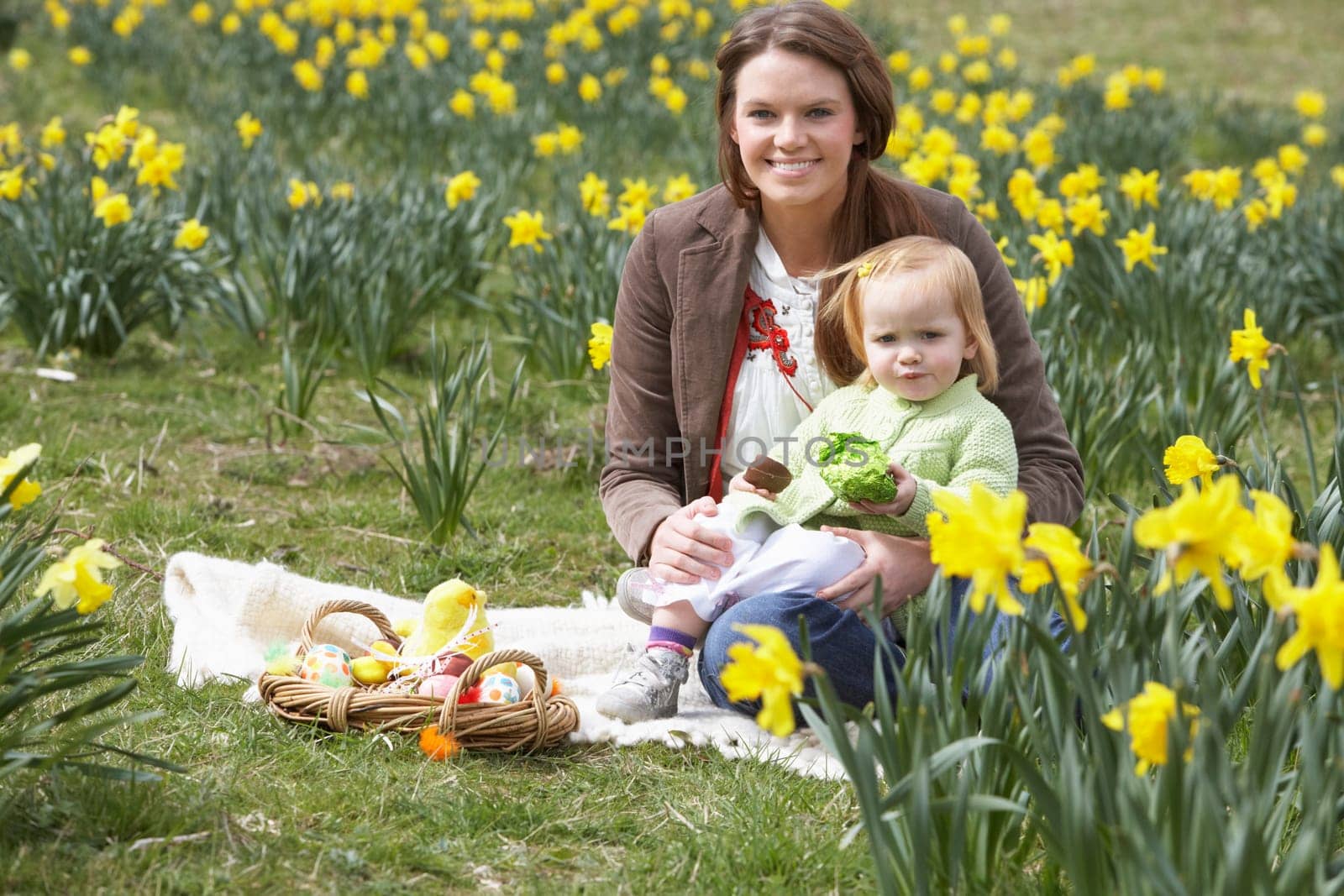 Mother And Daughter In Daffodil Field With Decorated Easter Eggs