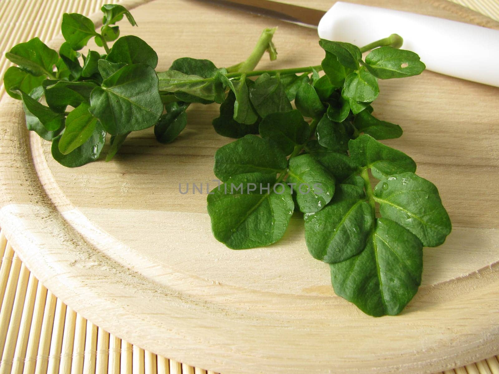 Fresh watercress on a wooden board