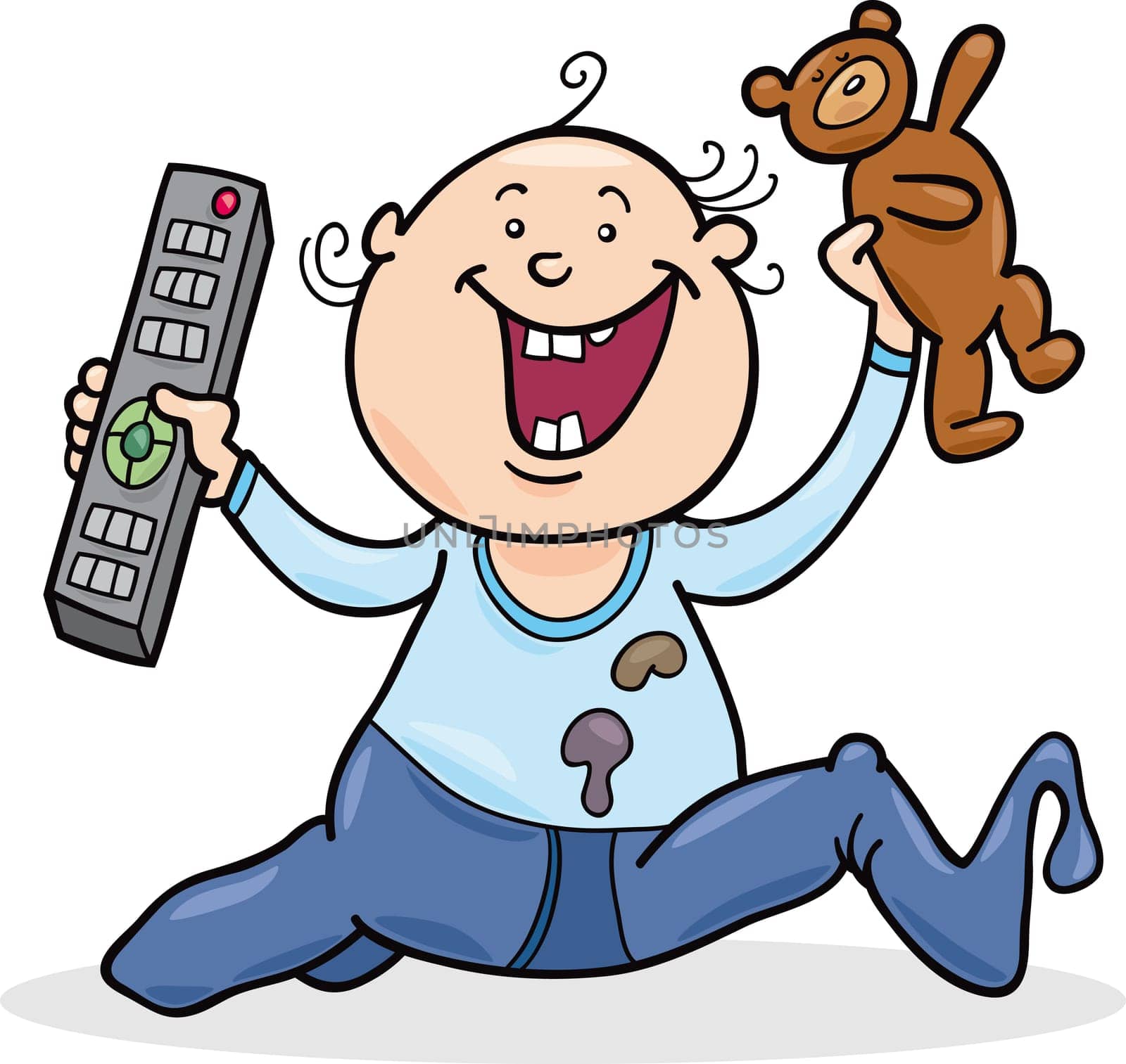 illustration of baby boy with remote control and teddy bear
