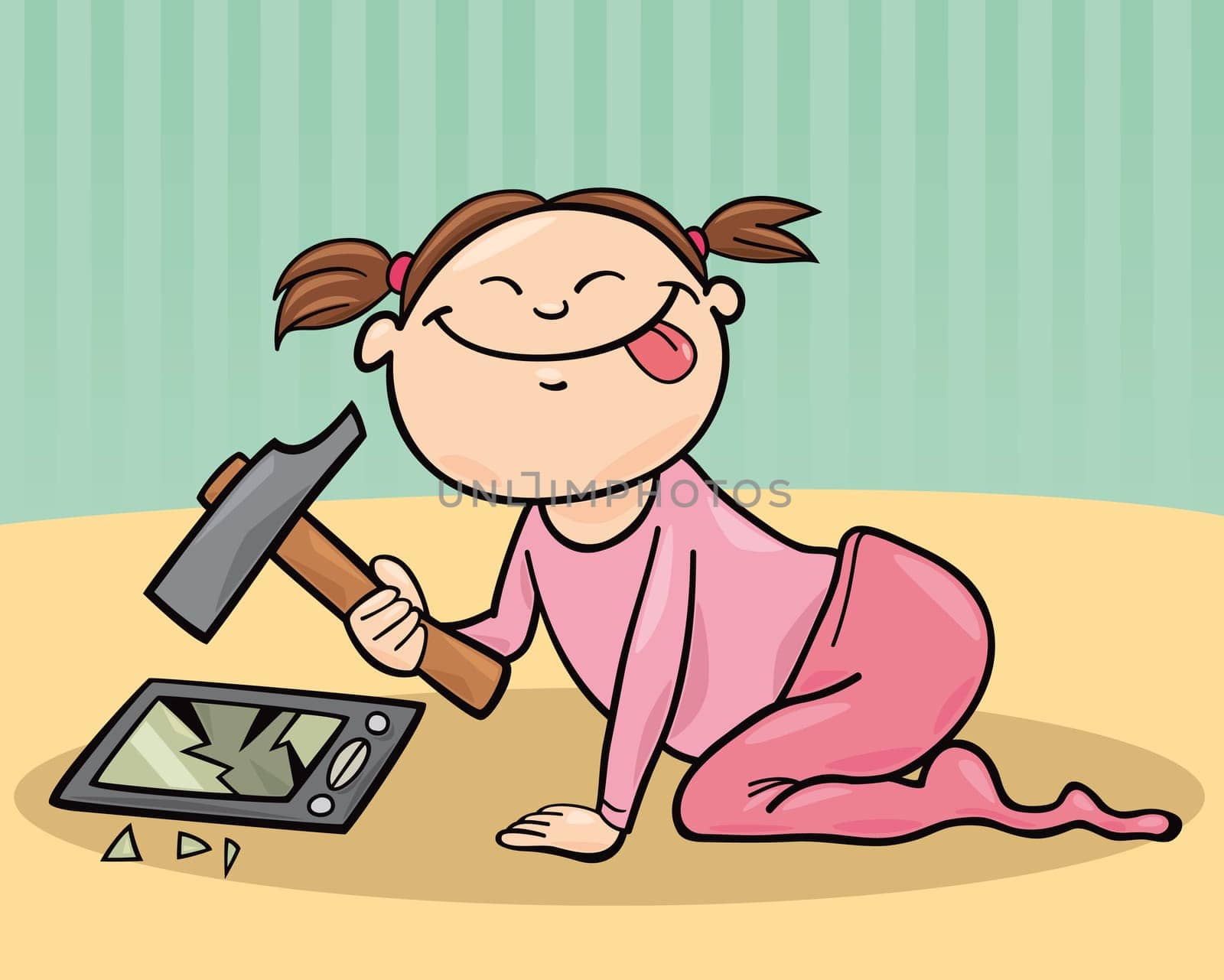 illustration of baby girl destroying the smartphone