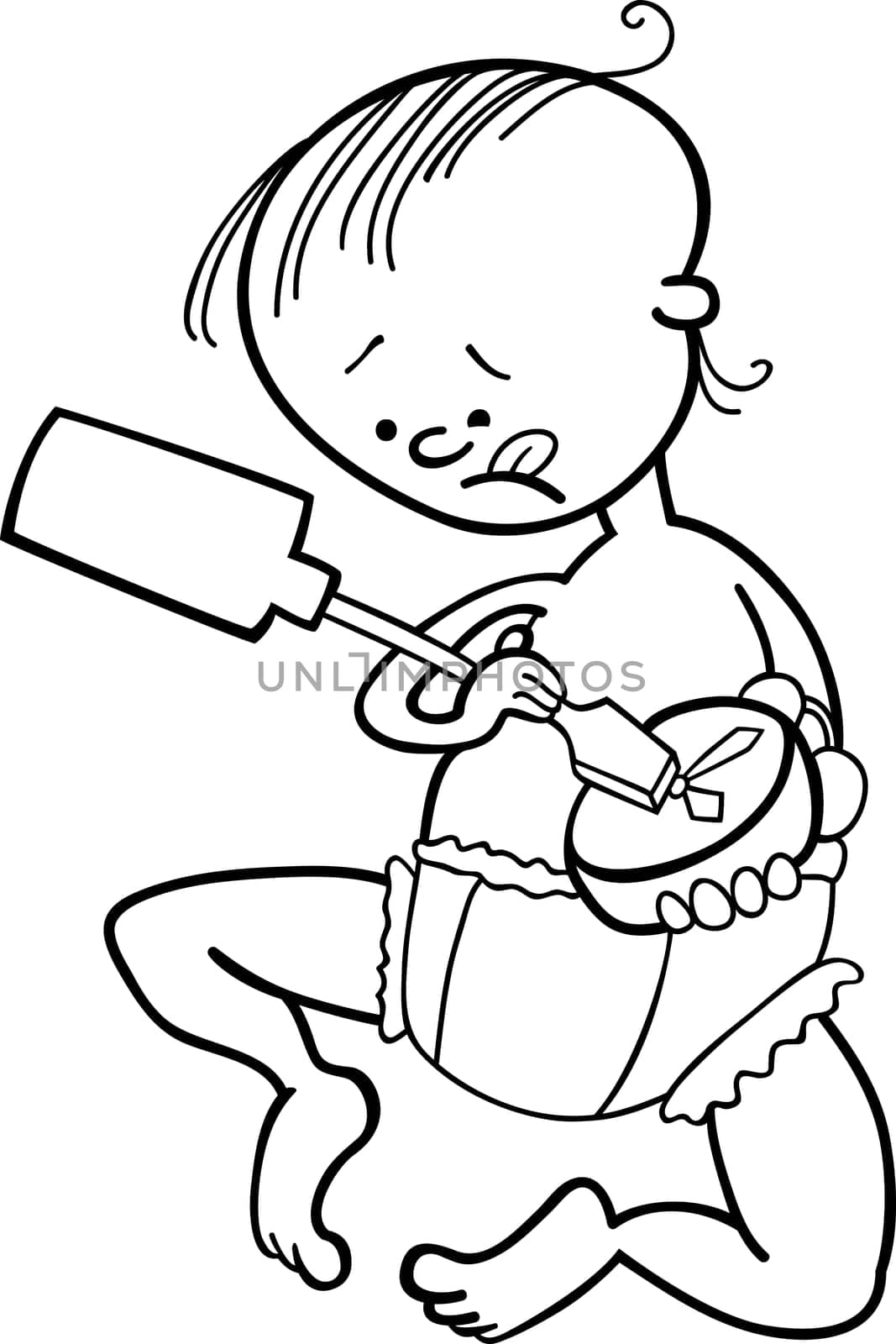illustration of baby boy destroying the clock for coloring book