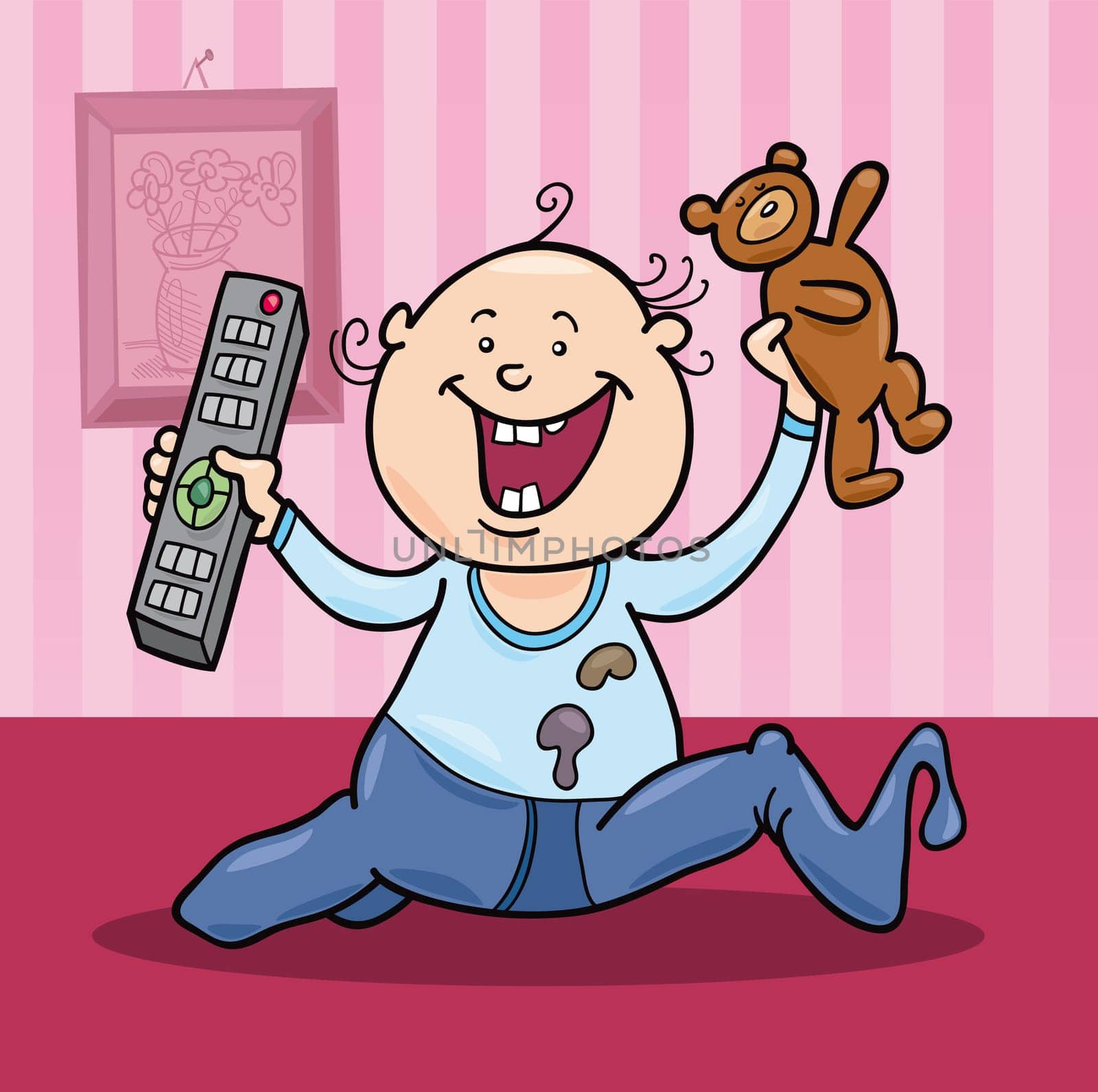 illustration of baby boy with remote control and teddy bear