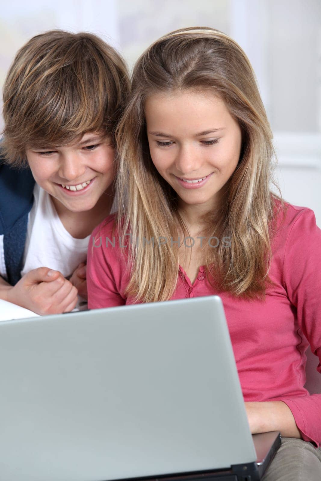 Brother and sister using laptop computer at home