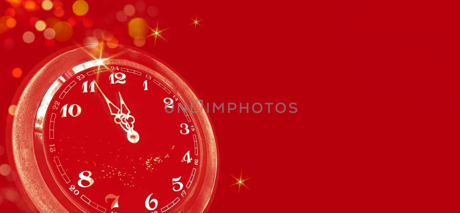Abstract red greeting card with clock, bokeh, counting last moments to New 2024 Year banner design.