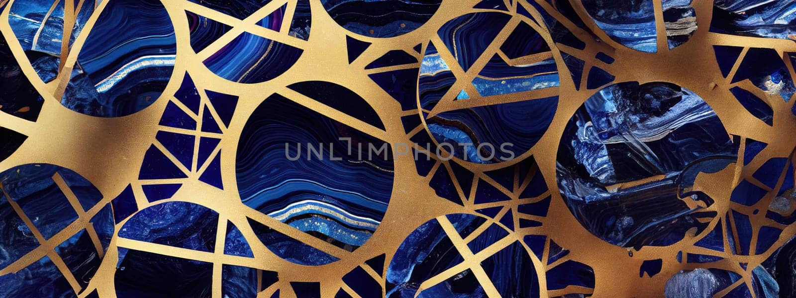 Abstract wavy blue marble background with golden veins, stone texture, liquid paint, gold foil and glitter decor, painted artificial marbled surface. Generative AI. by Benzoix