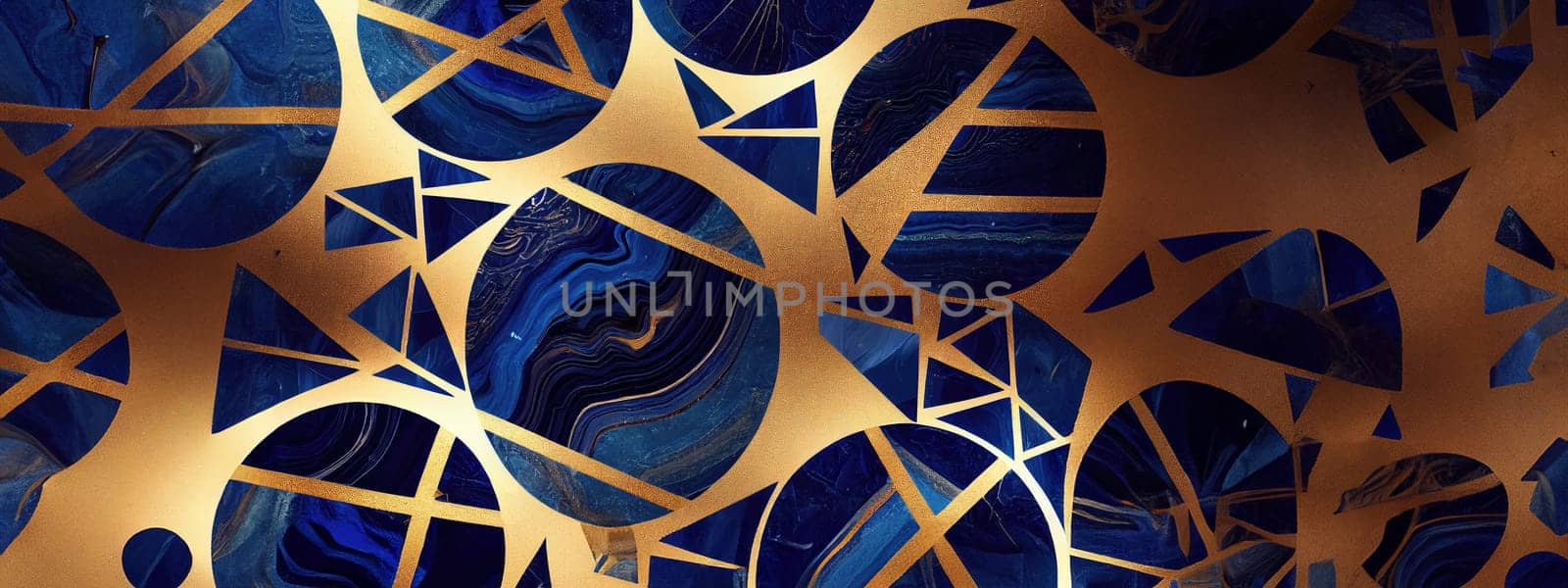 Abstract wavy blue marble background with golden veins, stone texture, liquid paint, gold foil and glitter decor, painted artificial marbled surface. Generative AI