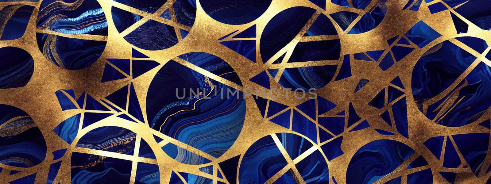 Abstract wavy blue marble background with golden veins, stone texture, liquid paint, gold foil and glitter decor, painted artificial marbled surface. Generative AI. by Benzoix