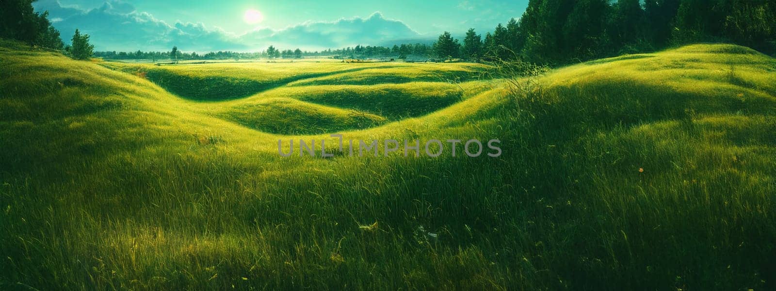 Green field, tree and blue sky.Great as a background,web banner. Generative AI