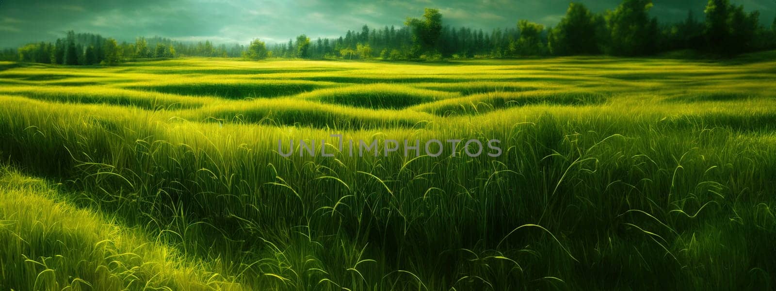 Green field, tree and blue sky.Great as a background,web banner. Generative AI. by Benzoix