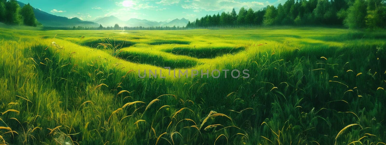 Green field, tree and blue sky.Great as a background,web banner. Generative AI. by Benzoix