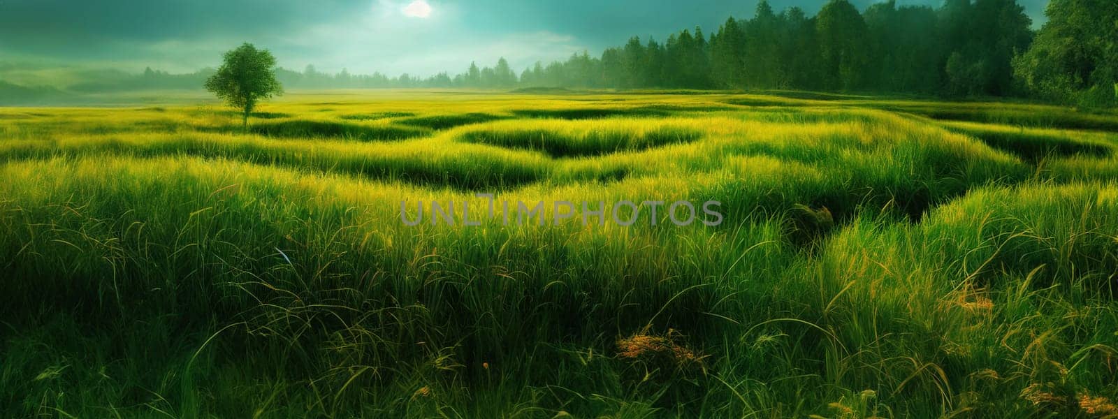 Green field, tree and blue sky.Great as a background,web banner. Generative AI. by Benzoix