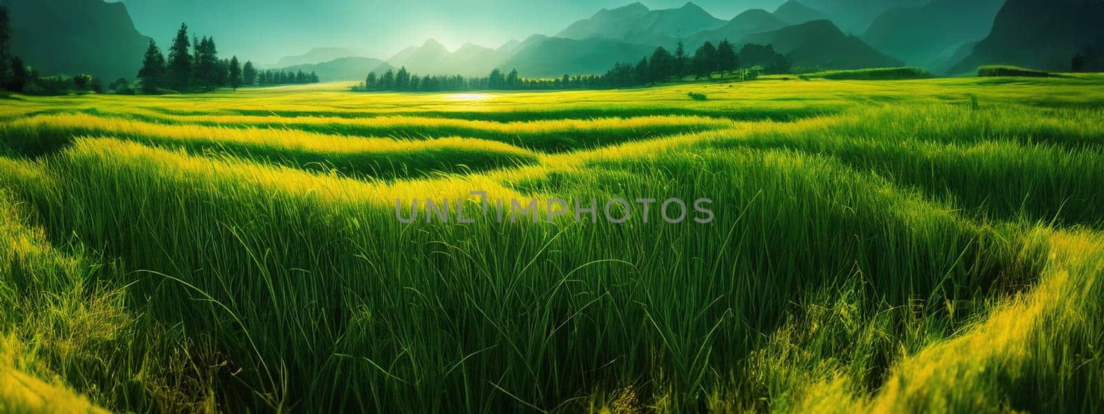 Green field, tree and blue sky.Great as a background,web banner. Generative AI