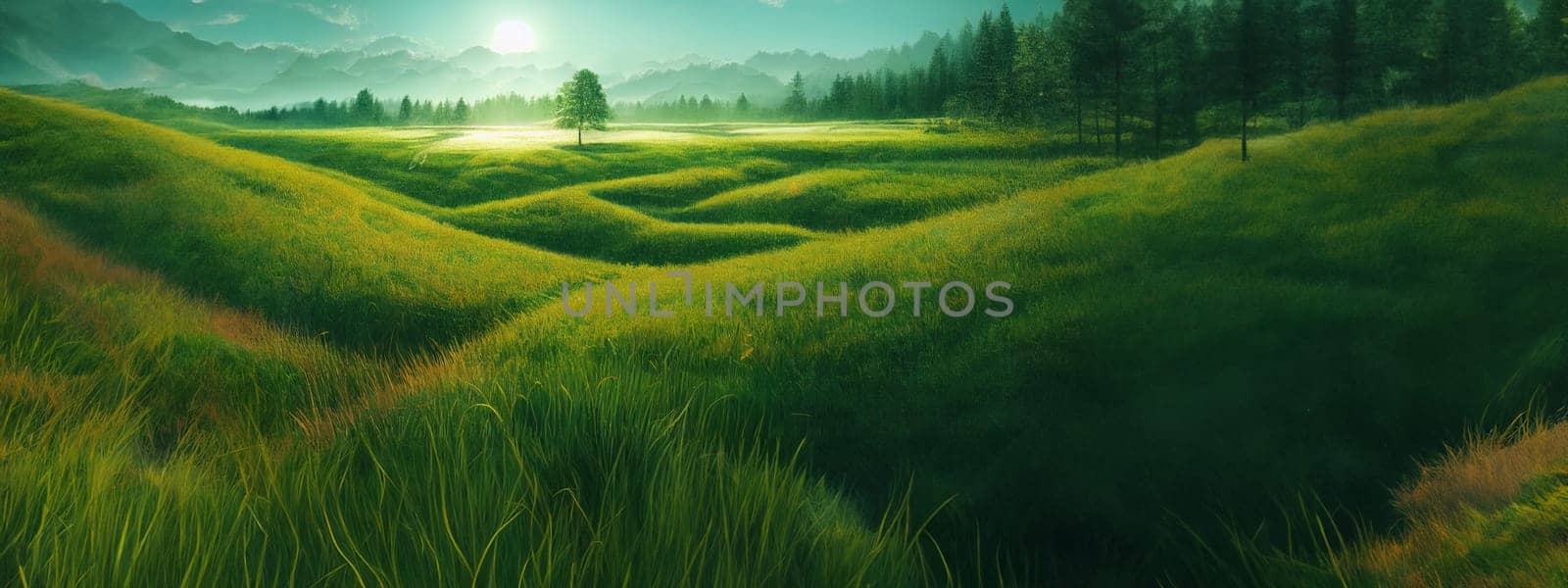 Green field, tree and blue sky.Great as a background,web banner. Generative AI