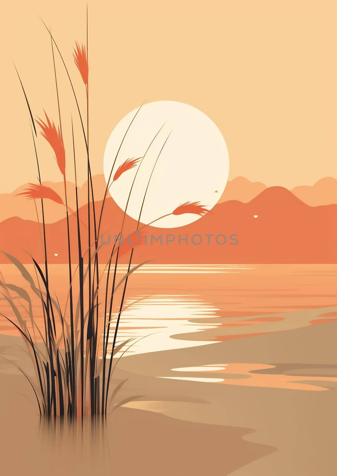 Landscape nature sky sunset background sunrise beauty sun lake water summer illustration by Vichizh