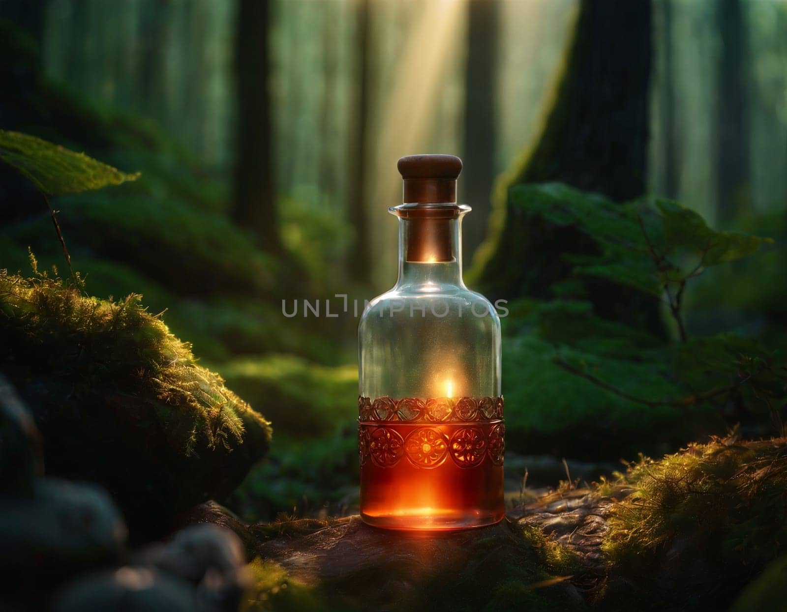 A glass bottle with a magic potion on the background of a beautiful forest