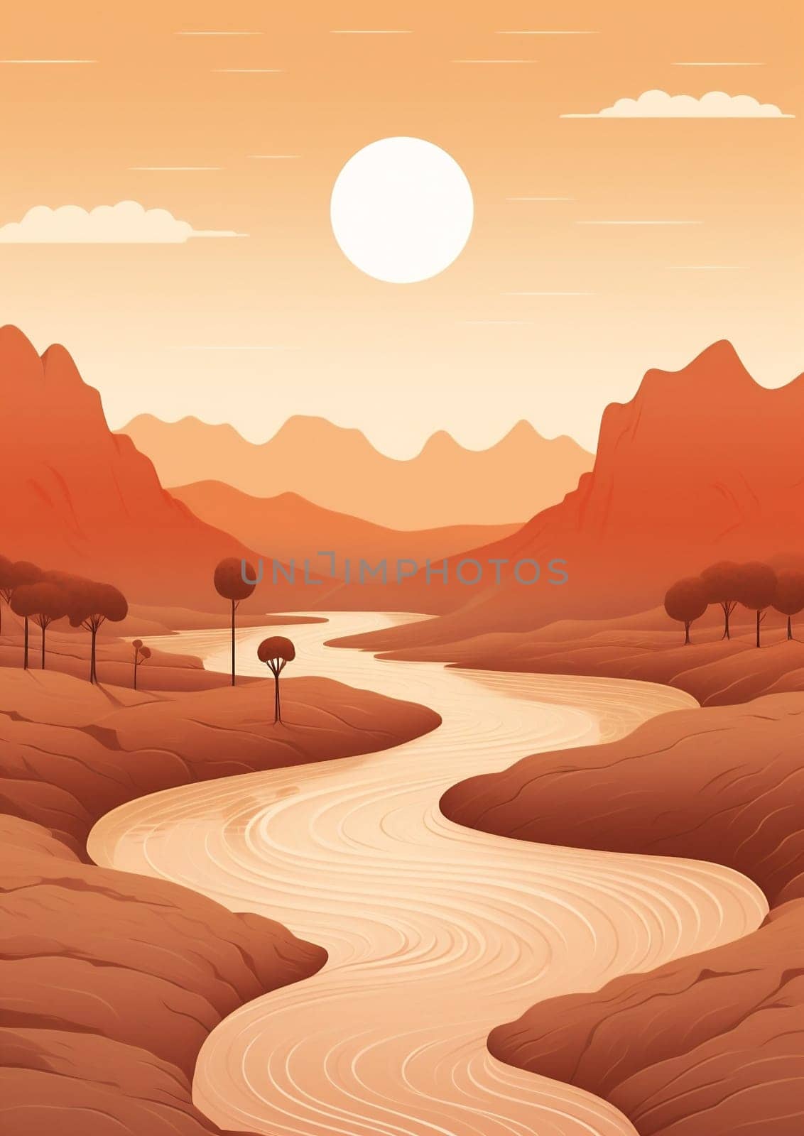 Mountain illustration travel hill cartoon river landscape green sun nature art beauty design sky environment water tree view background summer land lake scene