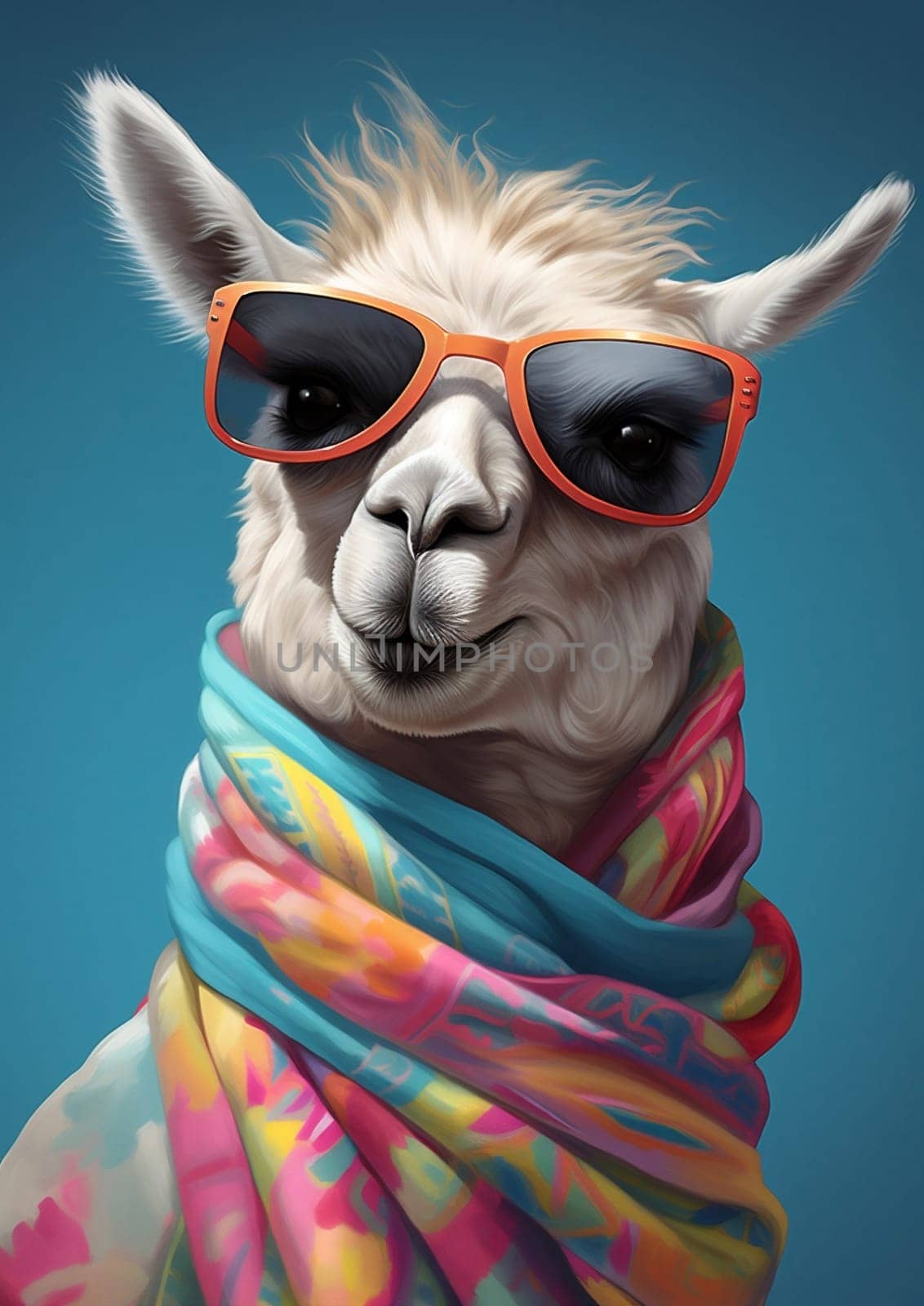 Cute stylish alpaca portrait of llama wearing glasses on blue background wearing glasses and scarf, fashion by Vichizh