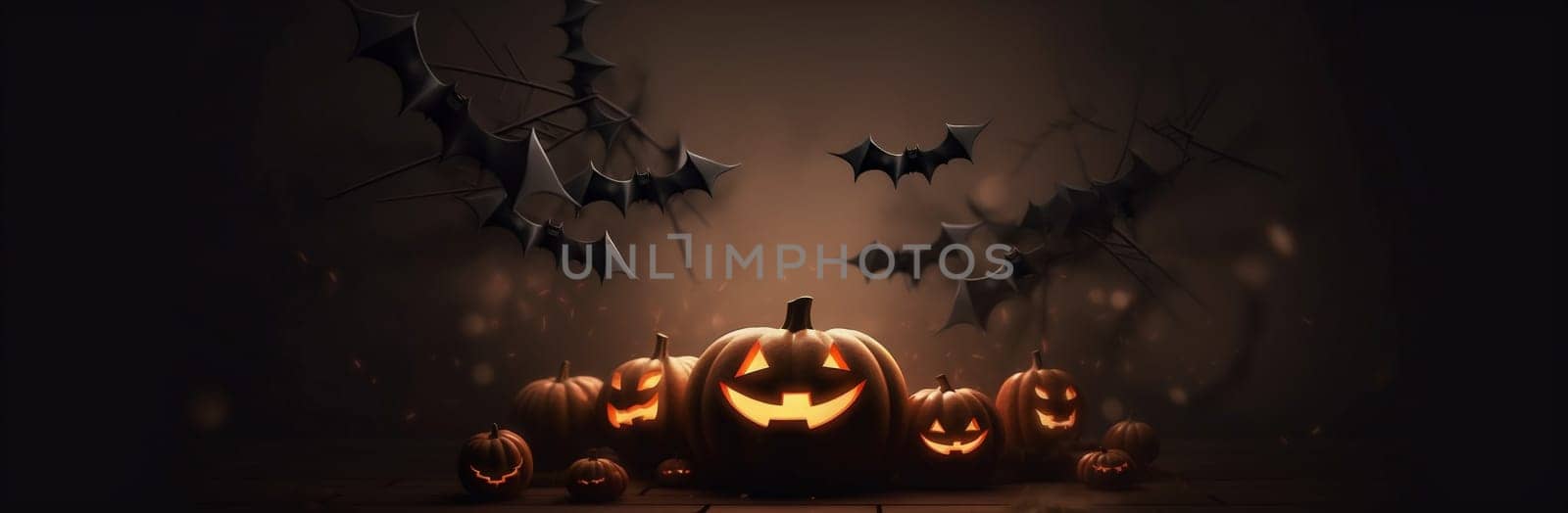 pumpkin table night blue mystery halloween background black horror fear bat. Generative AI. by Vichizh