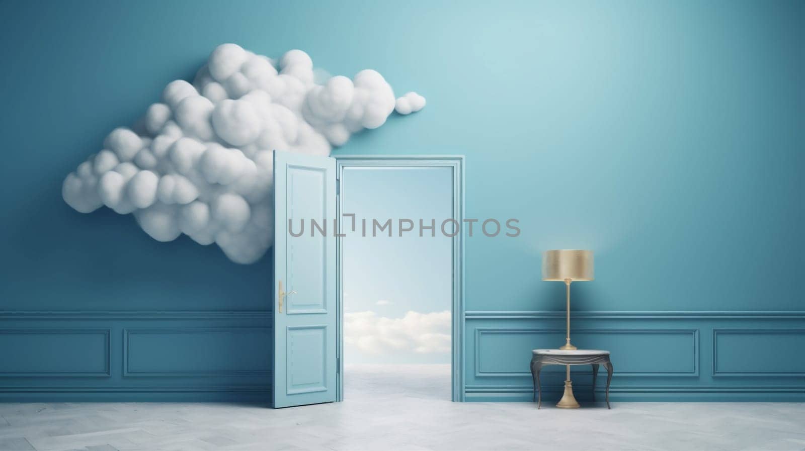stage showcase abstract cloud blue cylinder door pedestal minimal room. Generative AI. by Vichizh