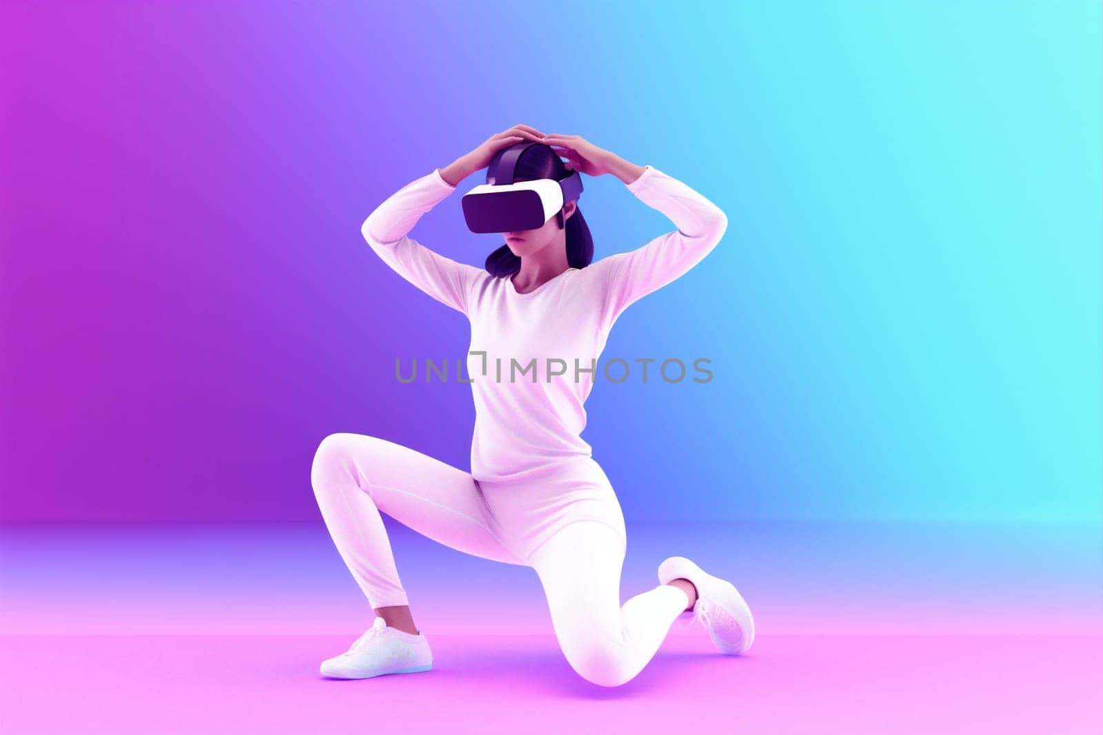 woman technology reality game digital fly person future virtual vr 3d neon glasses sport metaverse render innovation character young concept 3d background. Generative AI.