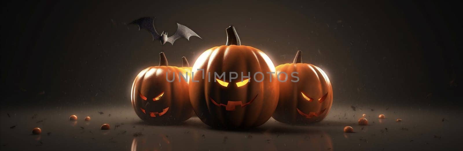 horror mystery bat silhouette background halloween fear table blue pumpkin night. Generative AI. by Vichizh