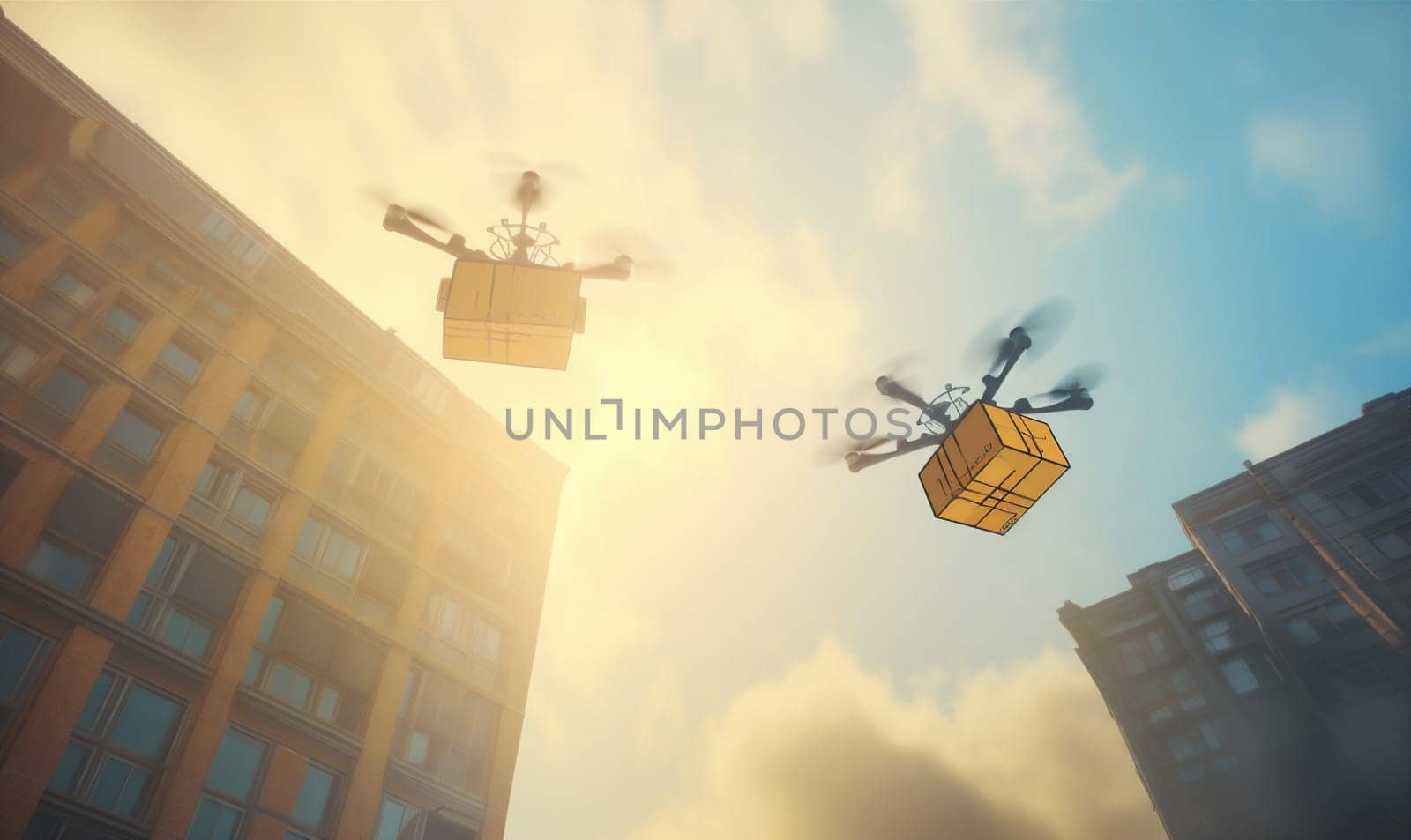blue sky mail air box drone wireless transport delivery robot aircraft fly cargo helicopter transportation deliver shipping technology fast innovation. Generative AI.