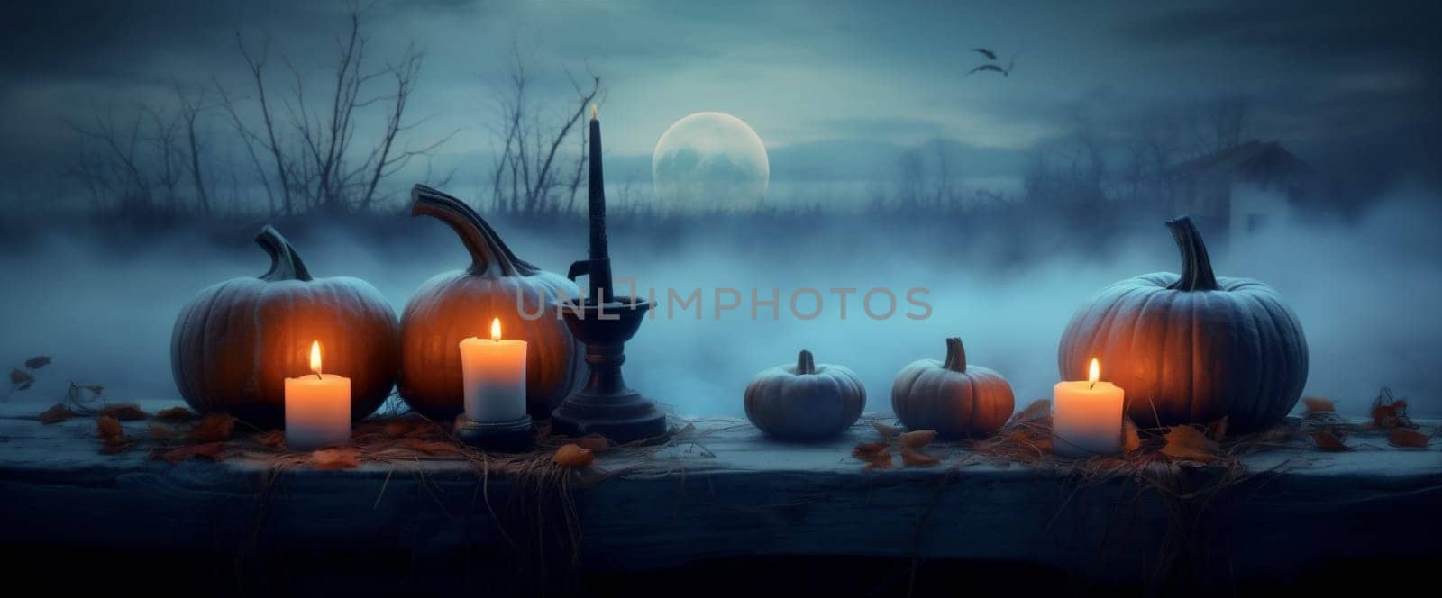 sky table background illustration horror tree evil funny night holiday forest card october silhouette haunted black mystery fear blue pumpkin halloween. Generative AI.