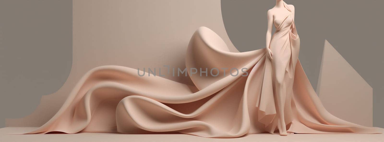 silk woman gown dynamic white long isolated textile fabric wind beauty beige hair flowing fashion fly young flying elegant dress background motion. Generative AI.