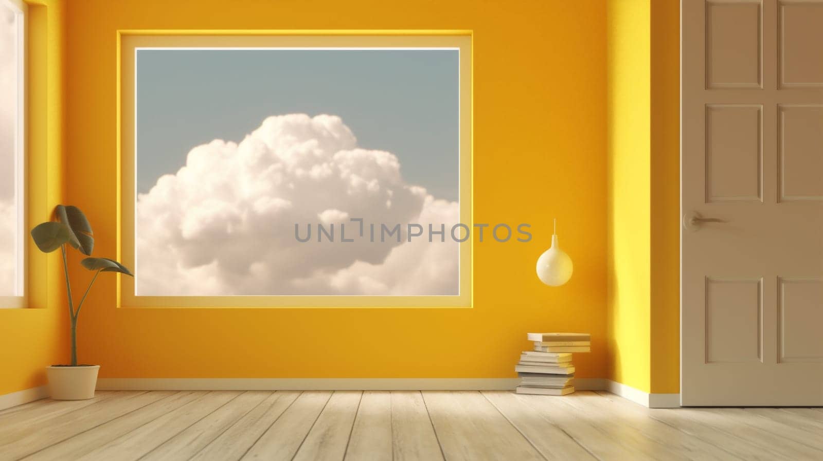 door room air minimal space 3d abstract blank illustration stage yellow white cylinder space fun copy podium pedestal cloud isolated showcase. Generative AI.