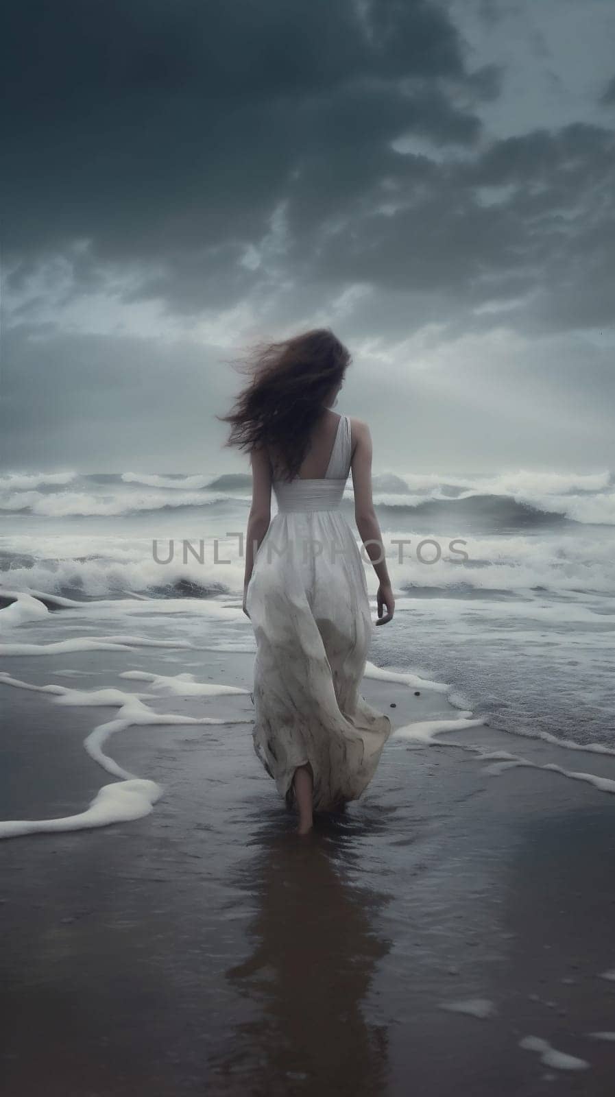 ai woman sand sky sunlight dress holiday hair sea person wedding ocean cloud beach storm nature horizon beauty summer blue vacation. Generative AI.