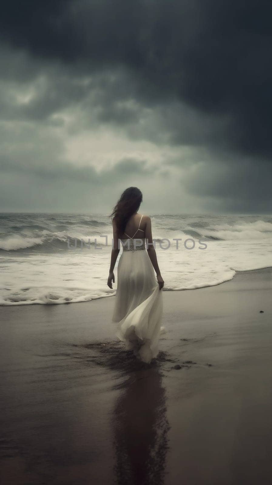 storm woman beach sky sea cloud white nature ocean summer dress. Generative AI. by Vichizh