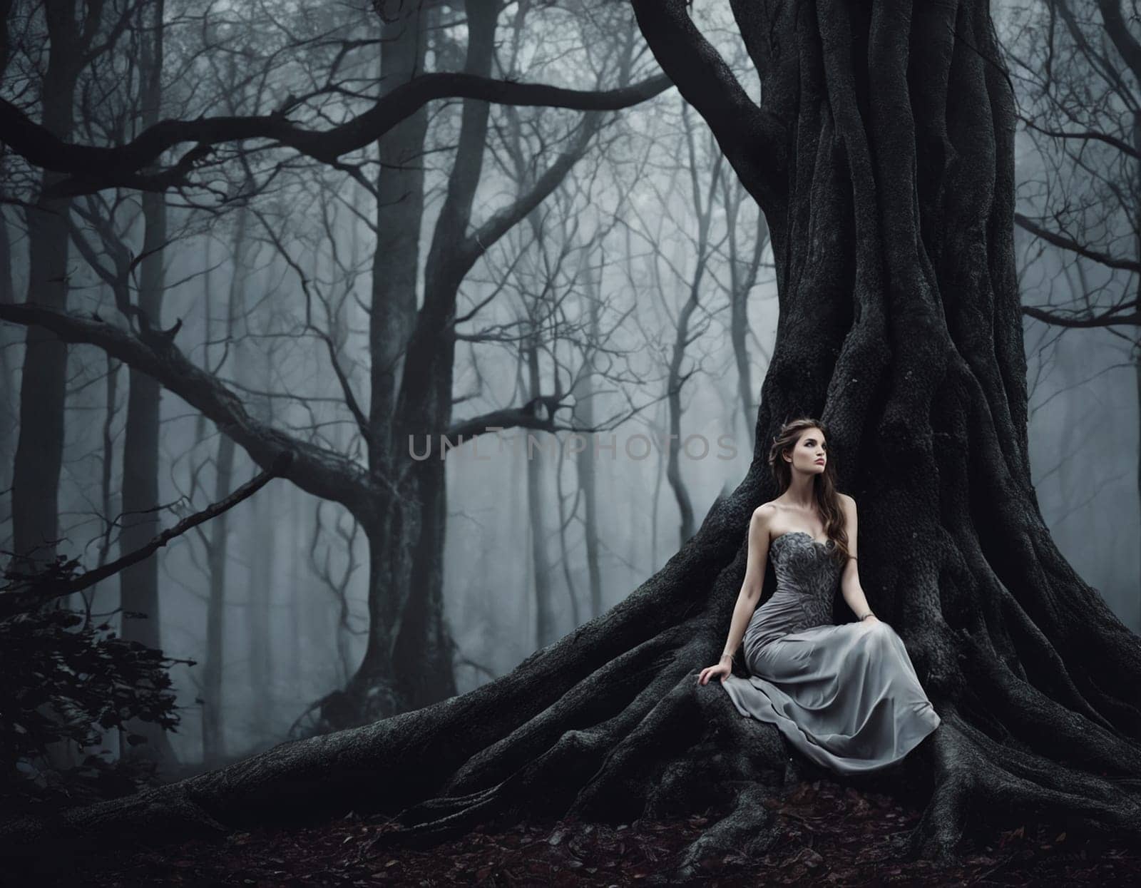 A girl in a gray dress in the middle of a gloomy cloudy forest. High quality photo