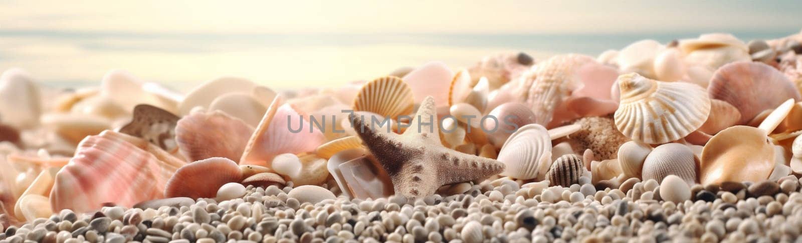 beautiful beach collection sea holiday sand tropical coral travel coast nature seashell relax summer vacation ocean landscape marin shell banner. Generative AI.