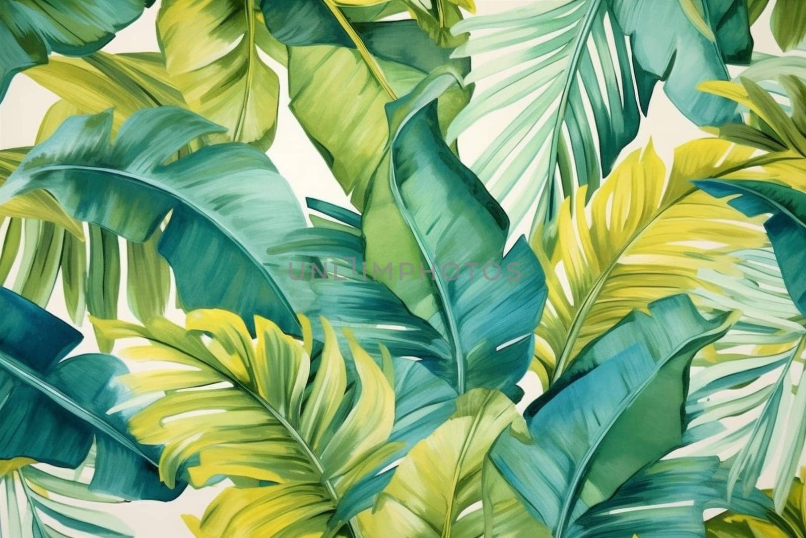 tree exotic green summer print background palm jungle monstera design pattern garden leaf textile seamless tropical nature retro color trendy watercolor. Generative AI.