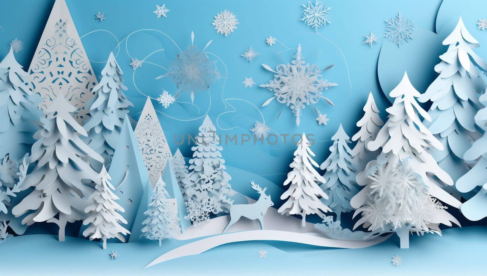 winter paper art merry origami snowflakes tree christmas blue landscape background. Generative AI. by Vichizh