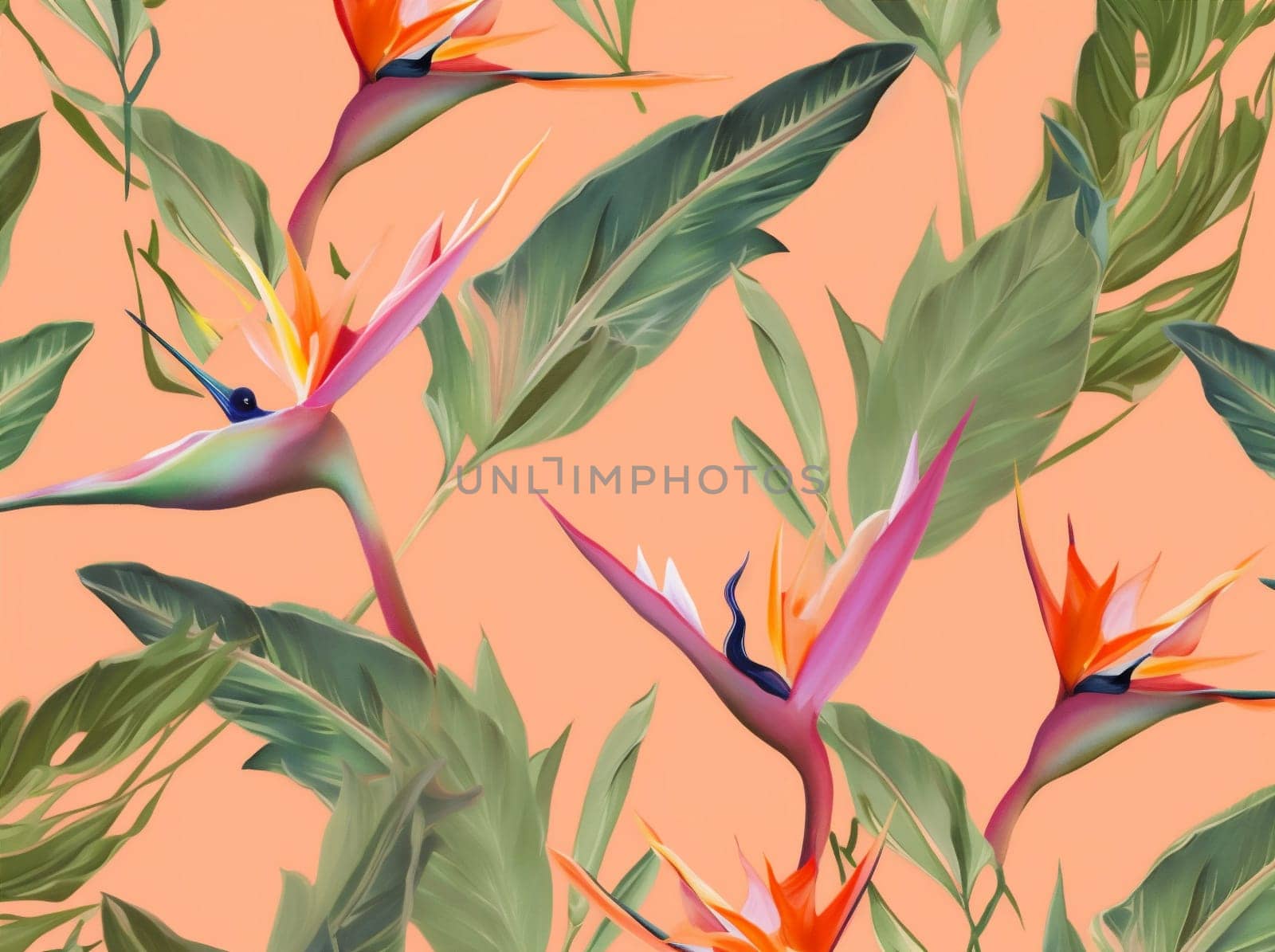 colorful trendy pink seamless flower leaf jungle tropical pattern orange. Generative AI. by Vichizh