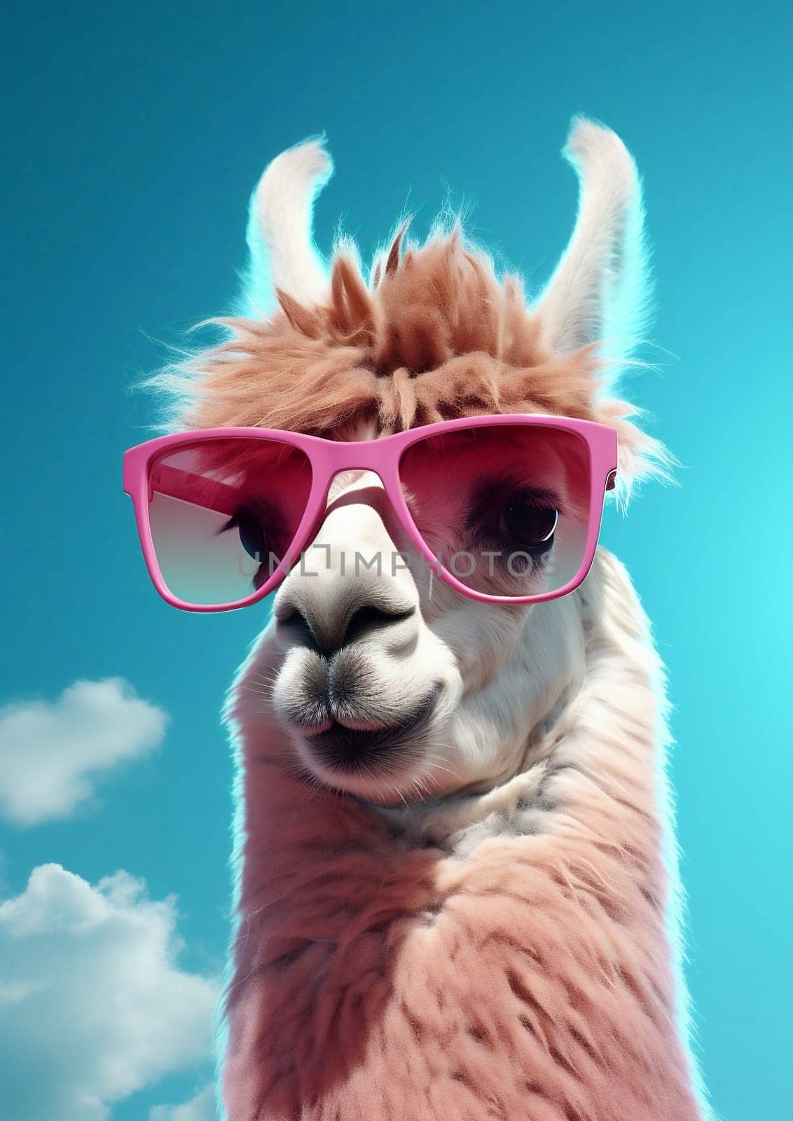 Cute stylish alpaca portrait of llama wearing glasses on blue background wearing glasses and scarf, fashion