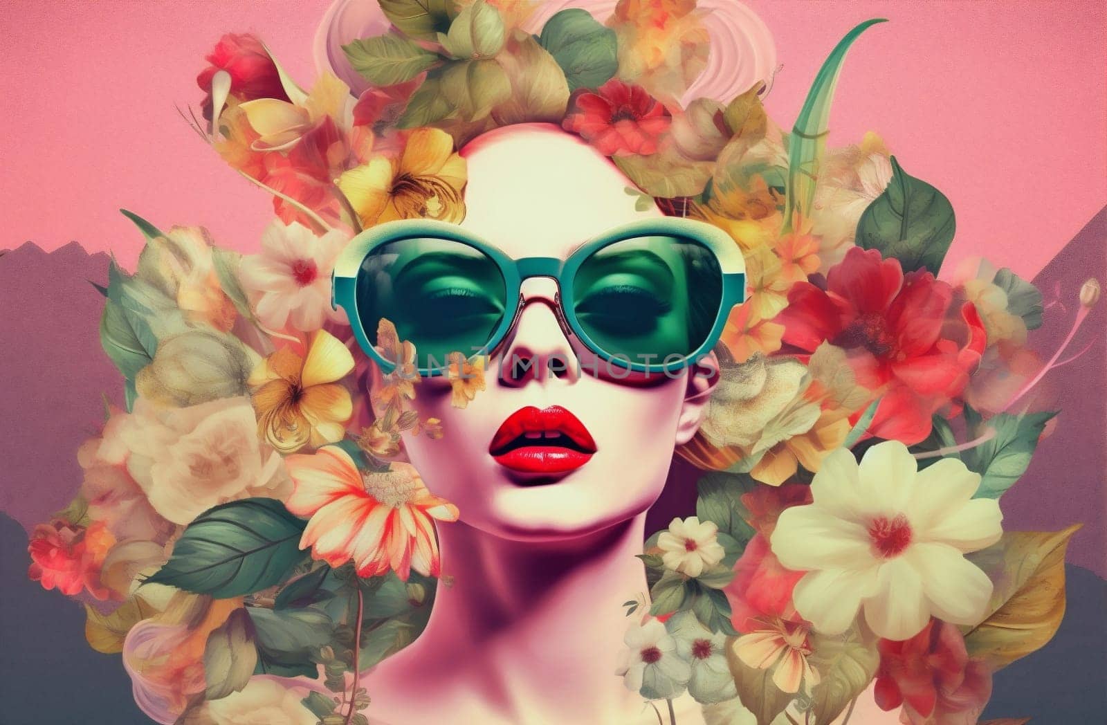 woman fantasy contemporary girl face portrait glamour sunglasses dream flower head beauty nature floral design trend poster summer abstract fashion art. Generative AI.