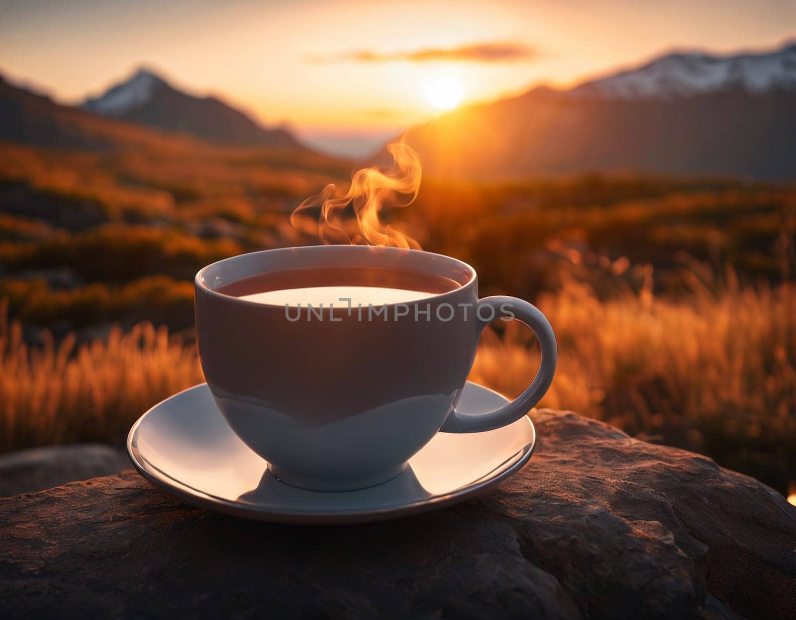 A delicious cup of hot tea on the background of a sunrise in the mountains. High quality illustration