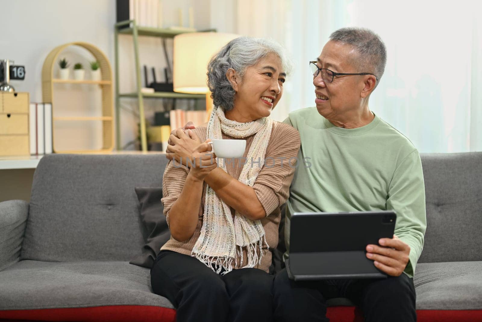 Aged spouses relaxing in living room and using digital tablet. Retirement lifestyle concept.