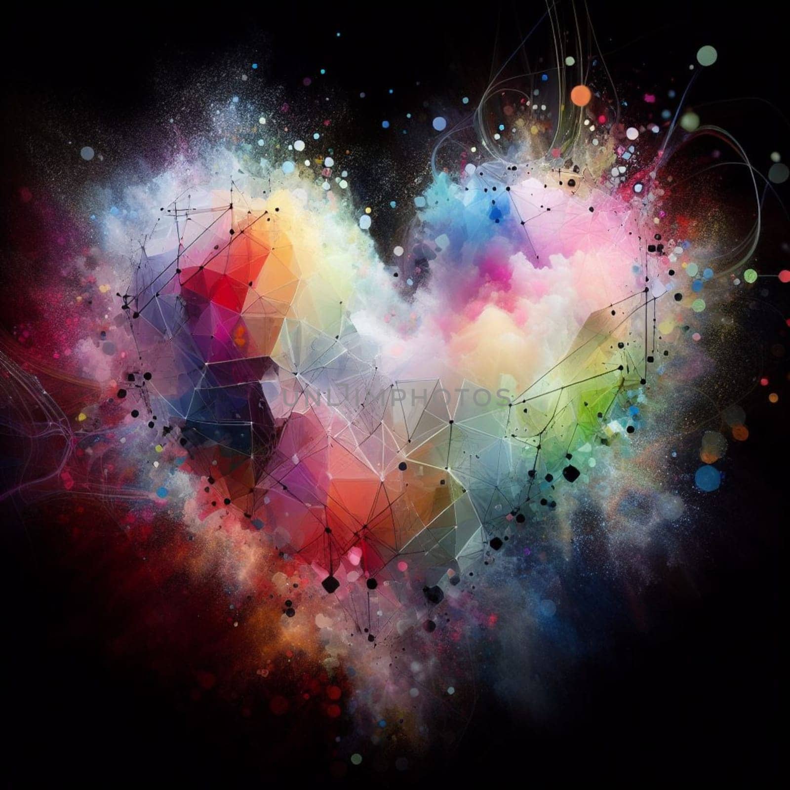 a color explosion of paint render a steampunk geared poly transparent heart - love concept generative ai art