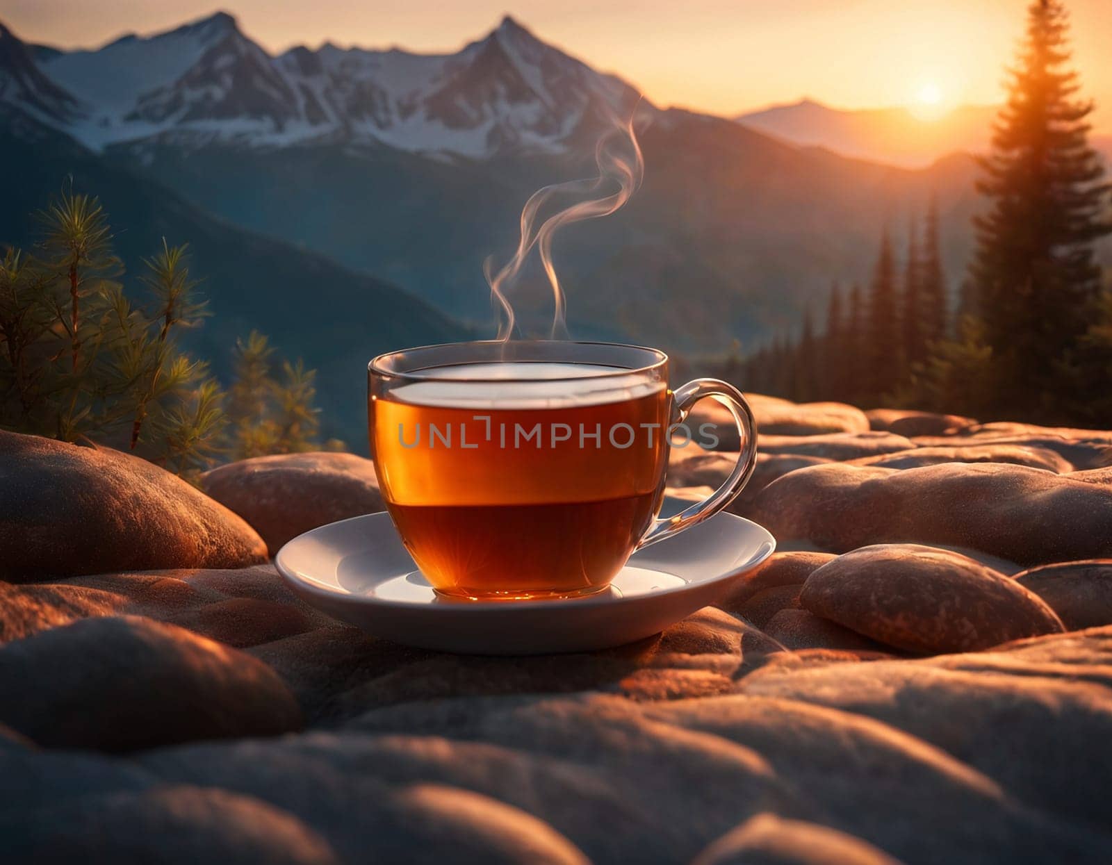 A delicious cup of hot tea on the background of a sunrise in the mountains. High quality illustration