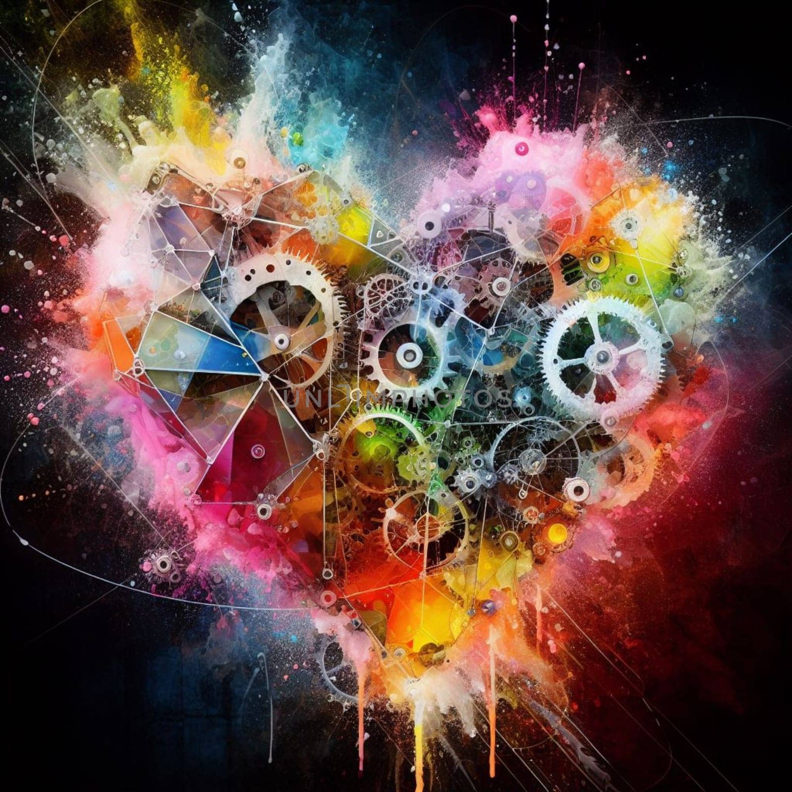 a color explosion of paint render a steampunk geared poly transparent heart - love concept generative ai art