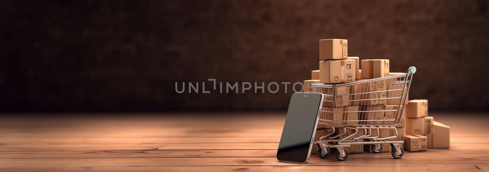 Smart phone with Iron shopping cart for online transportation in your smartphone logistic background concept. Iron shopping cart filled with packages. Ordering online or online business shop. copy space Space for text