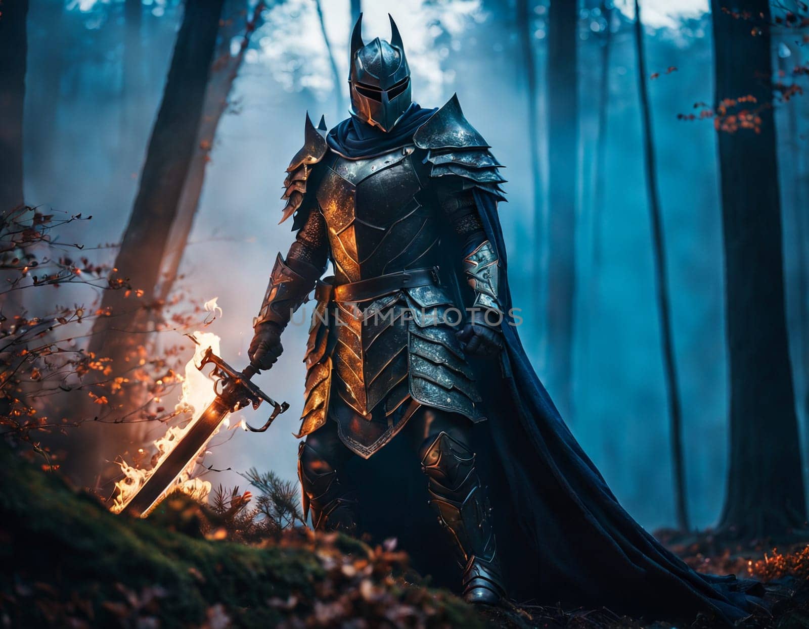 A mysterious knight in heavy armor holds a flaming sword. High quality illustration